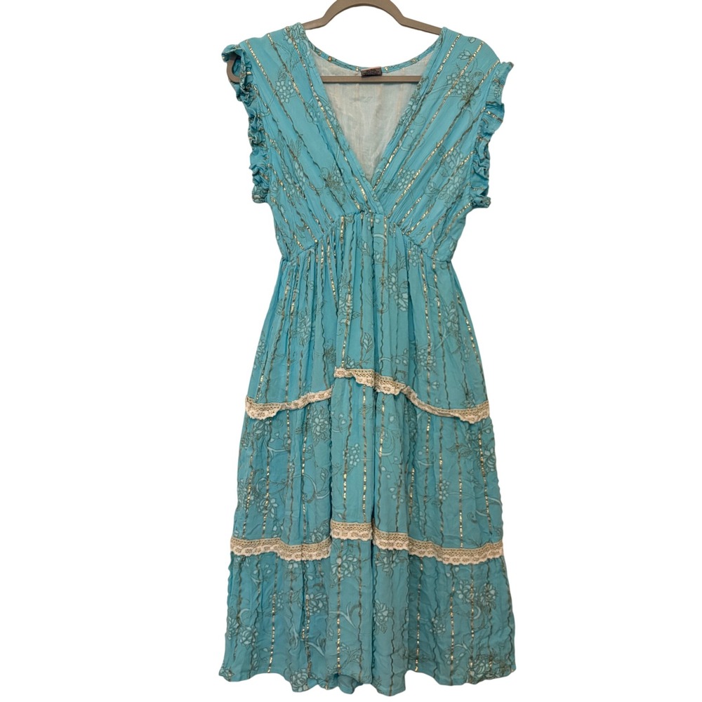 Madame NYC Boho Turquoise Gold Lurex Lace Tiered Midi Dress Free Size Blue yy